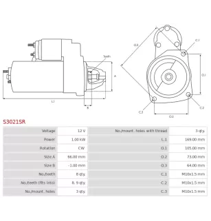 Démarreur 12V 1.00kW 8 dents BOSCH 0986022830, CARGO 115442, DELCO DRS3775, RAS34886, HELLA 8EA737797-001
