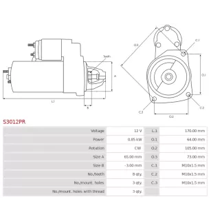 Démarreur 12V 0.85KW 8 dents VALEO 438163, 458179, 726064, D7E27, D7E47, D7E48