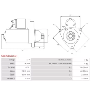 Démarreur 12V 1.80kW 11 dents CARGO 116440, FORD 1025950, 1029405, 1059564, 1072559