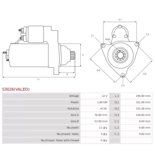 Démarreur 12V 1.80kW 11 dents BOSCH 0001110061, 0001124005, 0001124006, 0001125001, 0001125002