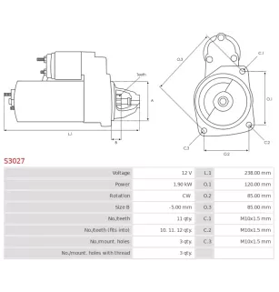 Démarreur 12V 1.90kW 11 dents AS-PL S3027, BOSCH 0986025470, 1986S10069, CARGO 113926, DELCO DRS0567