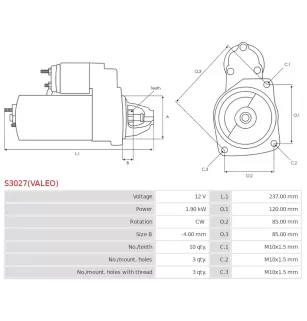 Démarreur 12V 1.90kW 10 dents AS-PL S3027(VALEO), BOSCH 0986025470, 1986S10069, CARGO 113926, DELCO DRS0567