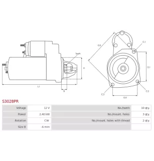 Démarreur 12V 2.40kW 10 dents BOSCH 0986024220, CARGO 114161, DELCO DRS0093, DS1203, HELLA 8EA012528-091