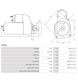 Démarreur 12V 1.10kW 9 dents AS-PL S3030, BOSCH 0001107067, 0986018400, 0986018581, CARGO 113605