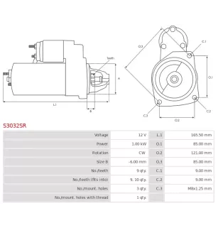 Démarreur 12V 1.00kW 9 dents BOSCH 0001112019, 0001112029, 0001112041