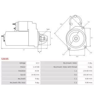 Démarreur 12V 1.10kW 9 dents AS-PL S3035, BMW 12412306001, 12412306700