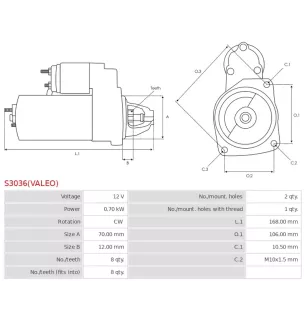 Démarreur 12V 0.70kW 8 dents BOSCH 0001116006, 0986018630, BX1863, CARGO 113267, DELCO DRS8630