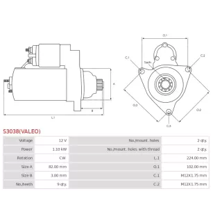 Démarreur 12V 1.10kW 9 dents AS-PL UD808994(VALEO)S, BOSCH 0986024180, DELCO DRS0112, HELLA 8EA011611-411, 8EA738258-461