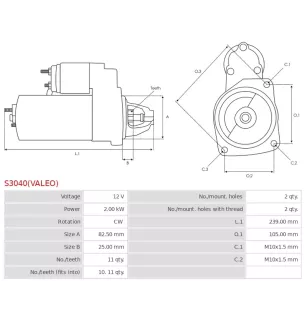 Démarreur 12V 2.00kW 11 dents AS-PL UD15066SR, BOSCH 0001109014, 0001109036, 0986014661, 0986017260