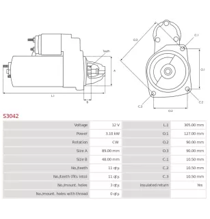 Démarreur 12V 3.10kW 11 dents AS-PL S3042, CARGO 111047, DAF 1516806R