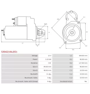 Démarreur 12V 3.10kW 11 dents AS-PL UD809085(VALEO)S, CARGO 111047, DAF 1516806R, HELLA 8EA737252-001, PRESTOLITE 20550102