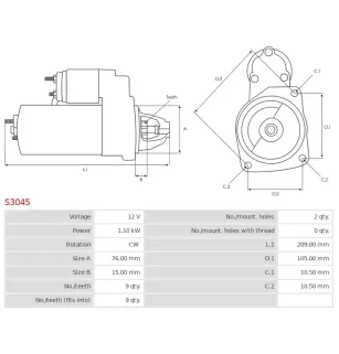 Démarreur 12V 1.10kW 9 dents AS-PL S3045, BOSCH 0001107033, 0001107062