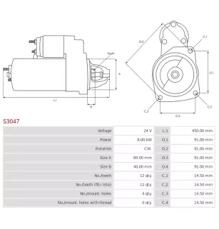 Démarreur 24V 8.00kW 12 dents BOSCH 0986015670, CARGO 111231, DAF 1516791R, HELLA 8EA737183-001, ISKRA / LETRIKA IS0597