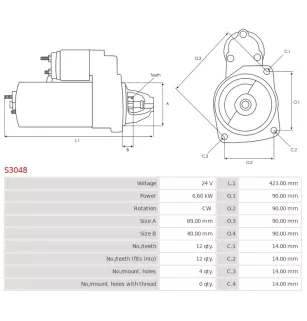 Démarreur 24V 6.60kW 12 dents AS-PL S3048, BOSCH 0986018651, DELCO DRS3814, HELLA 8EA737623-001, PRESTOLITE 860507GB