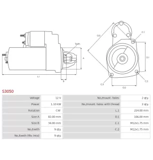 Démarreur 12V 1.10kW 9 dents AS-PL S3050, CARGO 111404, HELLA 8EA737240-001, VALEO D6RA11, D6RA40