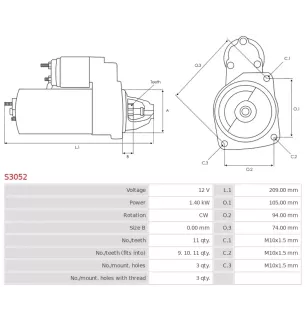 Démarreur 12V 1.4kW 11 dents AS-PL S3052, BOSCH 0001111361, 0986016570