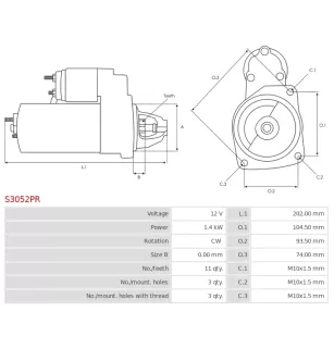 Démarreur 12V 1.4kW 11 dents Remplace pour VALEO 188564, 201088, 438074, 455936, CARGO 113481, DAF 1516807R, DELCO DRS3738