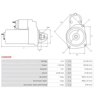 Démarreur 12V 1.30kW 9 dents BOSCH 0986018880, CARGO 114035
