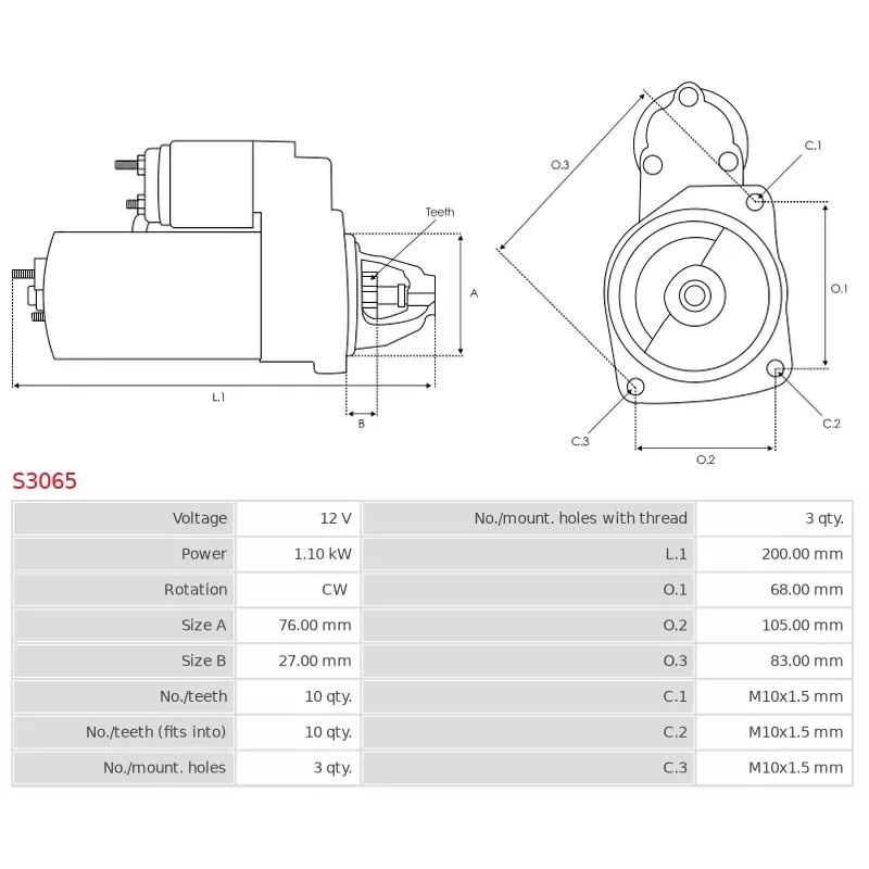 Démarreur 12V 1.10kW Bosch UD102278S 0001107043