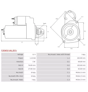 Démarreur 12V 1.10kW 10 dents BOSCH 0001107043, 0001107087, 0001107407, 0001107417, 0001107499