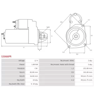 Démarreur 12V 1.80kW 10 dents Remplace BOSCH 0001110066, 0001110067, 0001110106, 0001110107, 0001110122