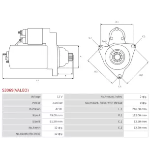 Démarreur 12V 2.00kW 12 dents BOSCH 0986UR1842, CARGO 116097, DELCO DRS1007, DS2117, PRESTOLITE S1407V