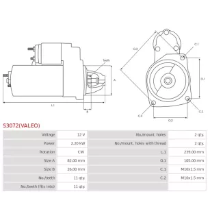 Démarreur 12V 2.20kW 11 dents Remplace pour CARGO 115403, DELCO DRS0736, FORD FOTZ11002B, VALEO 438194 529572