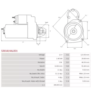 Démarreur 12V 1.40KW 11 dents PEUGEOT 5802-AZ, 5802-FG, 5802-FH, 5802-FP, 5802-Y4, 5802-Y5