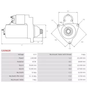 Démarreur 12V 2.00kW 12 dents BOSCH 0001123028, 0001123029, 0986024100, CARGO 114299, DENSO 428000-6700