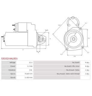 Démarreur 12V 1.2kW 8 dents AS-PL UD02617S, UD12707S, CARGO 113020, HYUNDAI / KIA 36100-37210, 36100-37230