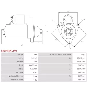 Démarreur 24V 5.00kW 9 dents AS-PL UD02620S, HYUNDAI / KIA 36100-41C20, VALEO 1250882, S0001250882, KRAUF STA5882