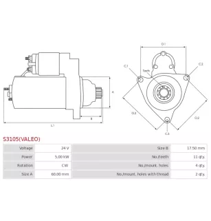 Démarreur 24V 5.00kW 11 dents AS-PL UD02624S, DELCO DRS1262, HYUNDAI / KIA 36100-45700, 3610041100, 3610045501