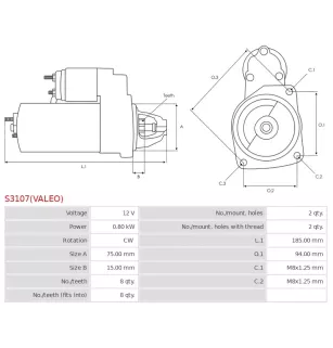 Démarreur 12V 0.80kW 8 dents AS-PL UD02608S, BOSCH 0986022601, CARGO 112322, DELCO DRS3708, DRS3708N