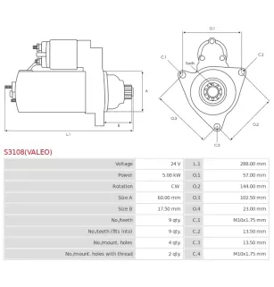 Démarreur 24V 5.00kW 9 dents AS-PL UD02623S, HYUNDAI / KIA 36100-45500, MANDO S0001250238, VALEO 600250, 602037