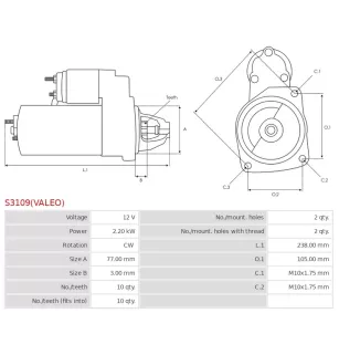 Démarreur 12V 2.20kW 10 dents AS-PL S3109(VALEO), UD02621S, CARGO 111912, F032111912, HELLA 8EA011610-641