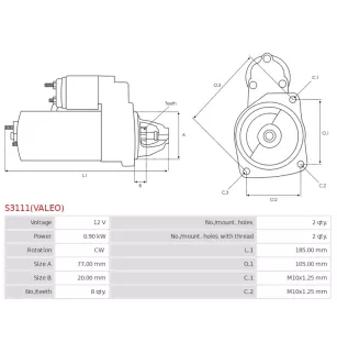 Démarreur 12V 0.90kW 8 dents AS-PL UD01226S, UD02026S, BOSCH 0986022591, CARGO 113659, HELLA 8EA012527-511