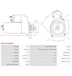 Démarreur 12V 0.90kW 8 dents AS-PL S3112(VALEO), UD12015S, BOSCH 0986025720, 0986029030, 0986UR1808