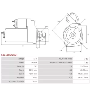 Démarreur 12V 1.40kW 8 dents AS-PL UD02606S, HYUNDAI / KIA 17610-12960 17610-52010, VALEO TM000A32301, PARTS MALL PXPSE-001