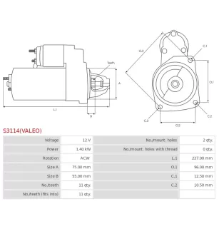 Démarreur 12V 1.40kW 11 dents AS-PL UD02607S, MITSUBISHI M000T87187, M000T87187ZC, M0T87187, NISSAN 23300-8J120, 23300-8J120R