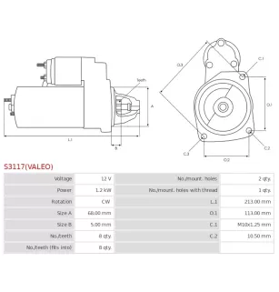 Démarreur 12V 1.2kW 8 dents AS-PL UD02605S, HYUNDAI / KIA 0K56P18400, K56P18400, OK56P-18400, PRESTOLITE S1141M