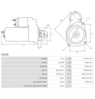 Démarreur 12V 0.9kW 9 dents BOSCH 0986011651, 0986011830, 0986011838, CARGO 110367, 110866