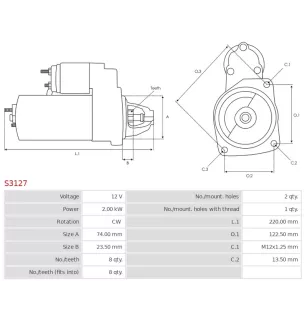 Démarreur 12V 2.00kW 8 dents AS-PL S3127, UD01362S, CARGO 115839, DELCO DRS0765, DS1875