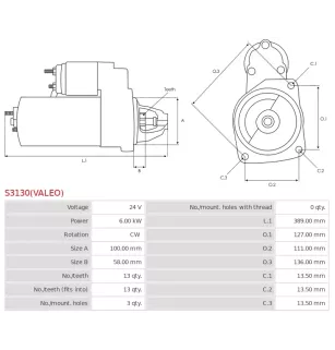 Démarreur 24V 6.00kW 13 dents AS-PL UD02630S, DELCO DRS1269, HYUNDAI / KIA 36100-84003, 36100-84400, 36100-84800