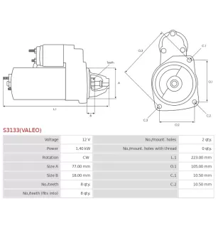 Démarreur 12V 1.40kW 8 dents AS-PL UD02614S, DOOSAN A403730, HYUNDAI / KIA 36100-23C00, MANDO BN3610023C00, VALEO 1250438