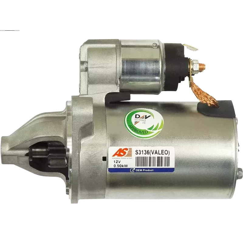 Démarreur 12V 0.90kW 8 dents AS-PL UD02611S, BOSCH 0986022591, CARGO 113659, DELCO 113136, 17341