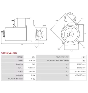 Démarreur 12V 0.90kW 8 dents AS-PL UD02611S, BOSCH 0986022591, CARGO 113659, DELCO 113136, 17341