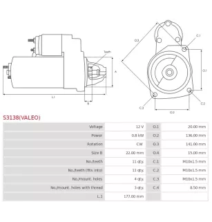 Démarreur 12V 0.8kW 11 dents AS-PL UD11966(VALEO)S, NISSAN 23300-00Q3D, 23300-9161R, 2330000Q3D, VALEO 438357