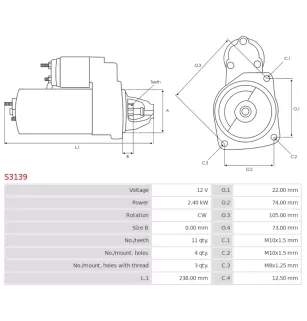 Démarreur 12V 2.40kW 11 dents AS-PL UD11980S, CARGO 115974, DELCO DRS0111, RENAULT 8200460883, 8200628429