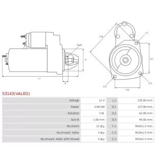 Démarreur 12V 2.00kW 12 dents AS-PL UD816395(VALEO)S, BOSCH 0986029020, CARGO 115829, F032115829, DELCO DRS0692