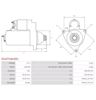 Démarreur 12V 2.00kW 10 dents AS-PL UD02626S, HYUNDAI / KIA 36100-4A025, 361004A020, 361004A025, S0001250825